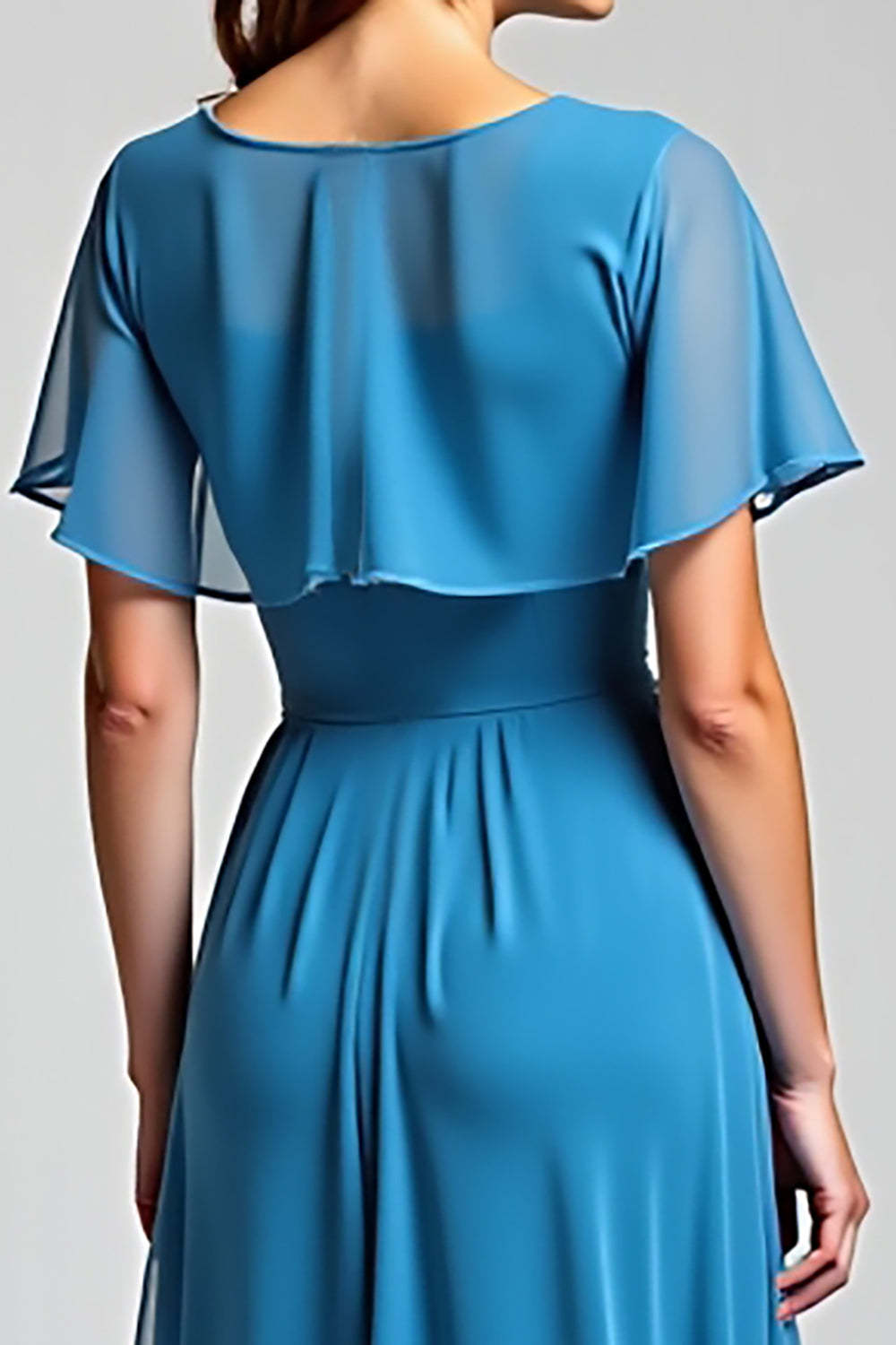 Blue Wedding Guest Dress Long Chiffon A Line Formal Dress With Short Sleeves