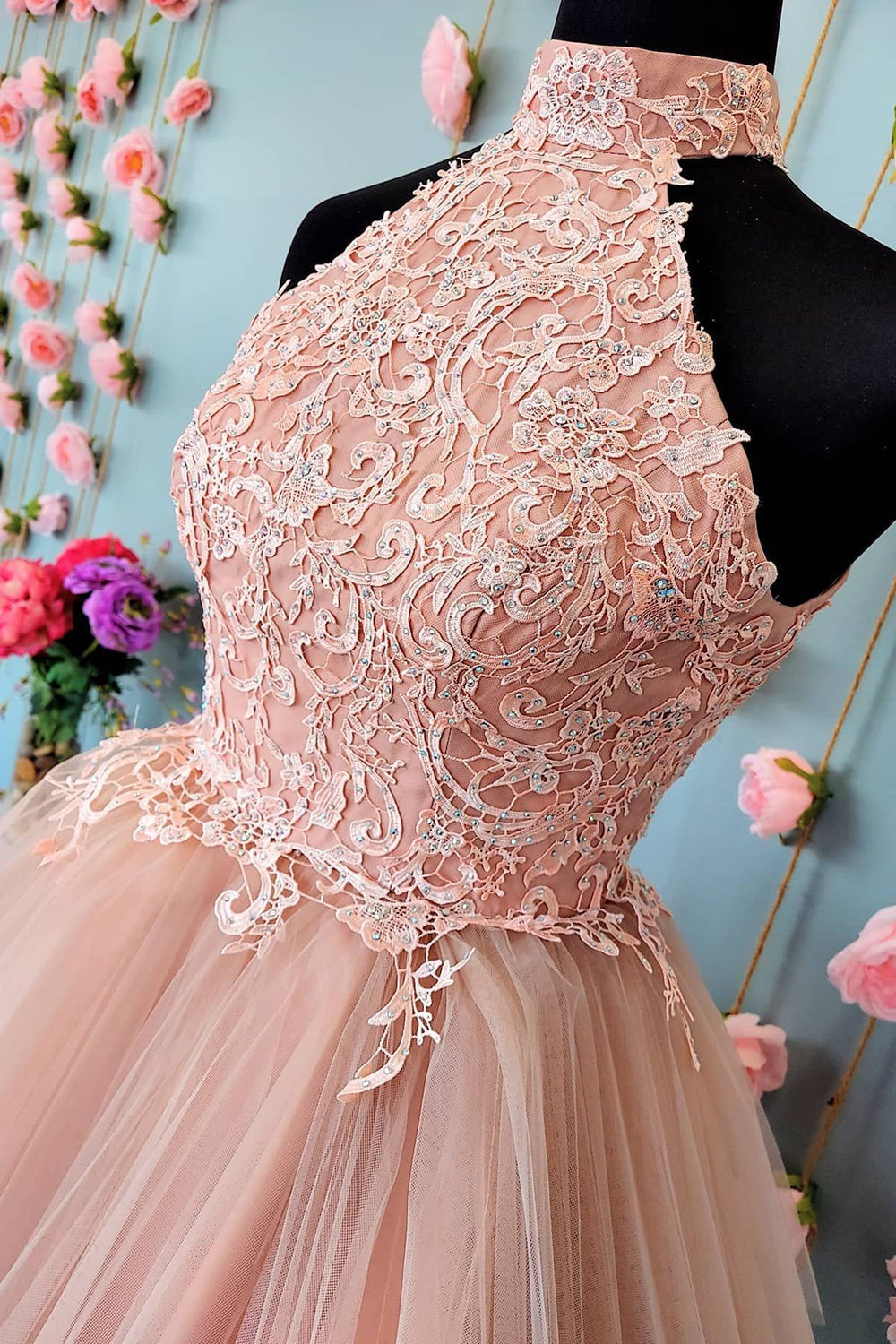 Blush Homecoming Dresses A-Line Short Tulle Prom Dress with Lace