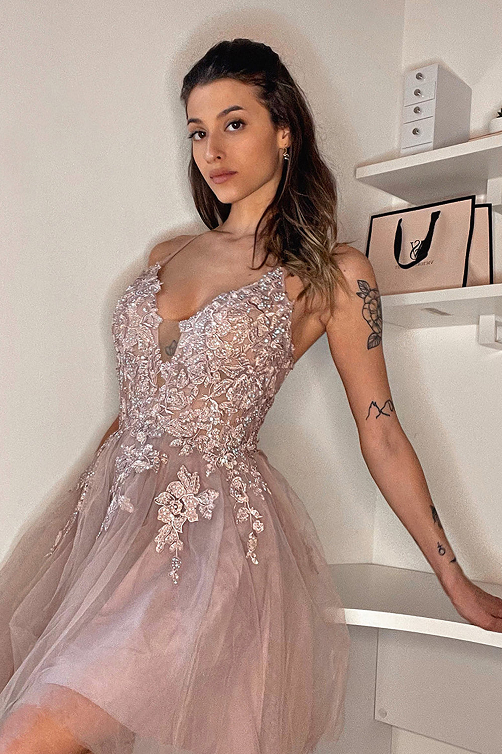 Blush Homecoming Dresses A-Line Tulle Short Cocktail Dresses with Appliques