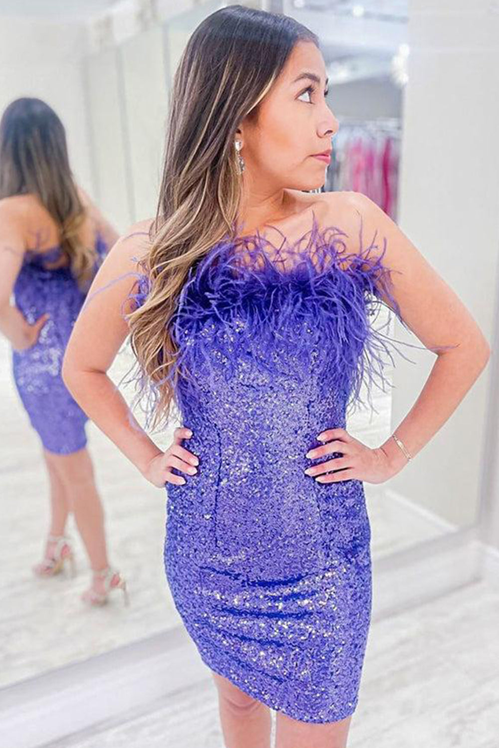 Blush Homecoming Dresses Tight Sequin Prom Dress with Feathers