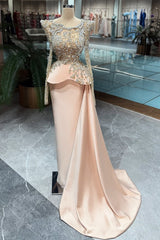 Blush Pink Satin Column Prom Dress with Crystal Long Sleeves and Peplum