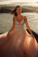 Blush Pink Tulle A Line Prom Dress with Crystal Beaded Bodice