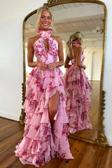 Blush Prom Dress Floral Ruffled Halter Formal Dress With Slit