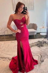 Red Prom Dress Mermaid Hollow Out Sweetheart Formal Dress With Slit