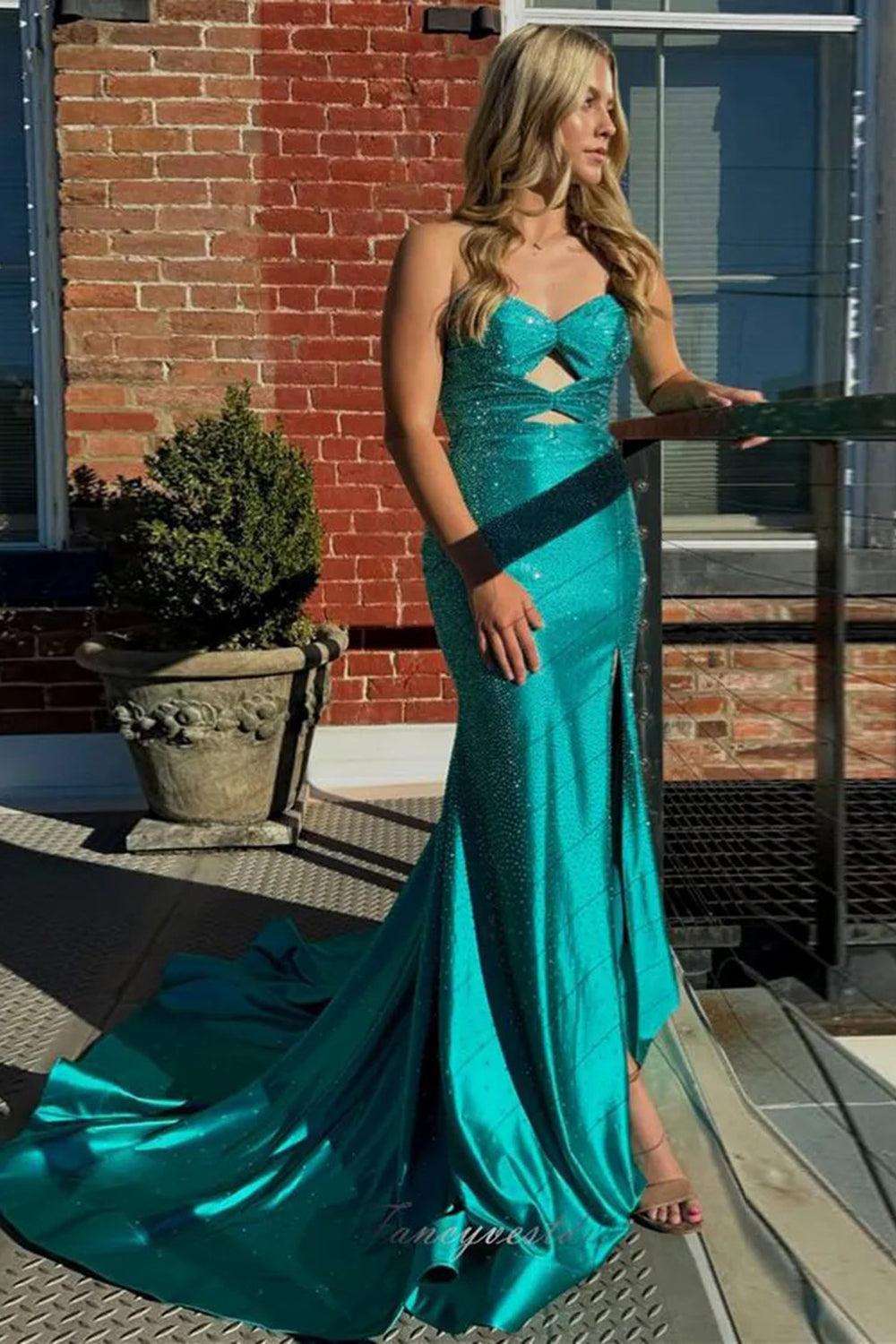 Red Prom Dress Mermaid Hollow Out Sweetheart Formal Dress With Slit