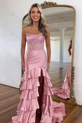 Blue Prom Dress Ruffled Mermaid Long Lace Satin Formal Dress With Slit
