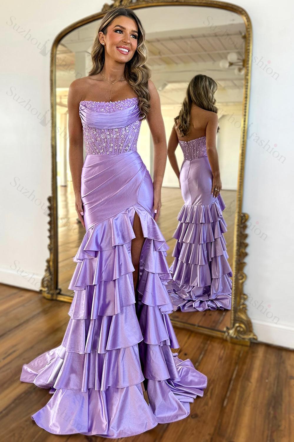 Blue Prom Dress Ruffled Mermaid Long Lace Satin Formal Dress With Slit