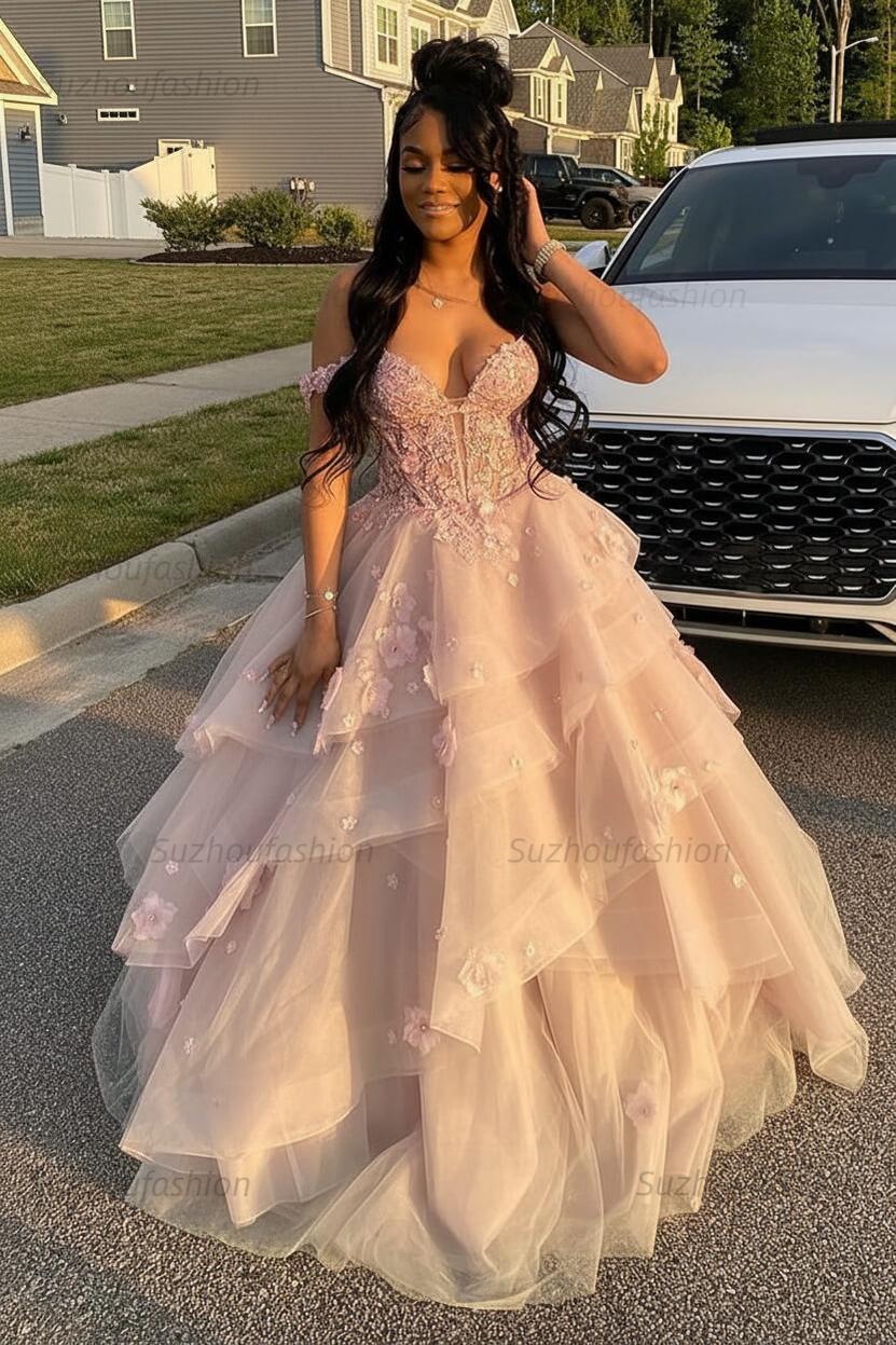 Suzhoufashion Sage Prom Dress Floral Tiered Ruffles A-Line Sweetheart Corset Long Formal Dress, Blush Pink Suzhoufashion Sage Prom Dress Floral Tiered Ruffles A-Line Sweetheart Corset Long Formal Dress, Blush Pink