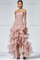 Black Wedding Guest Dress Strapless Tulle Long Ruffled Formal Dress With Slit