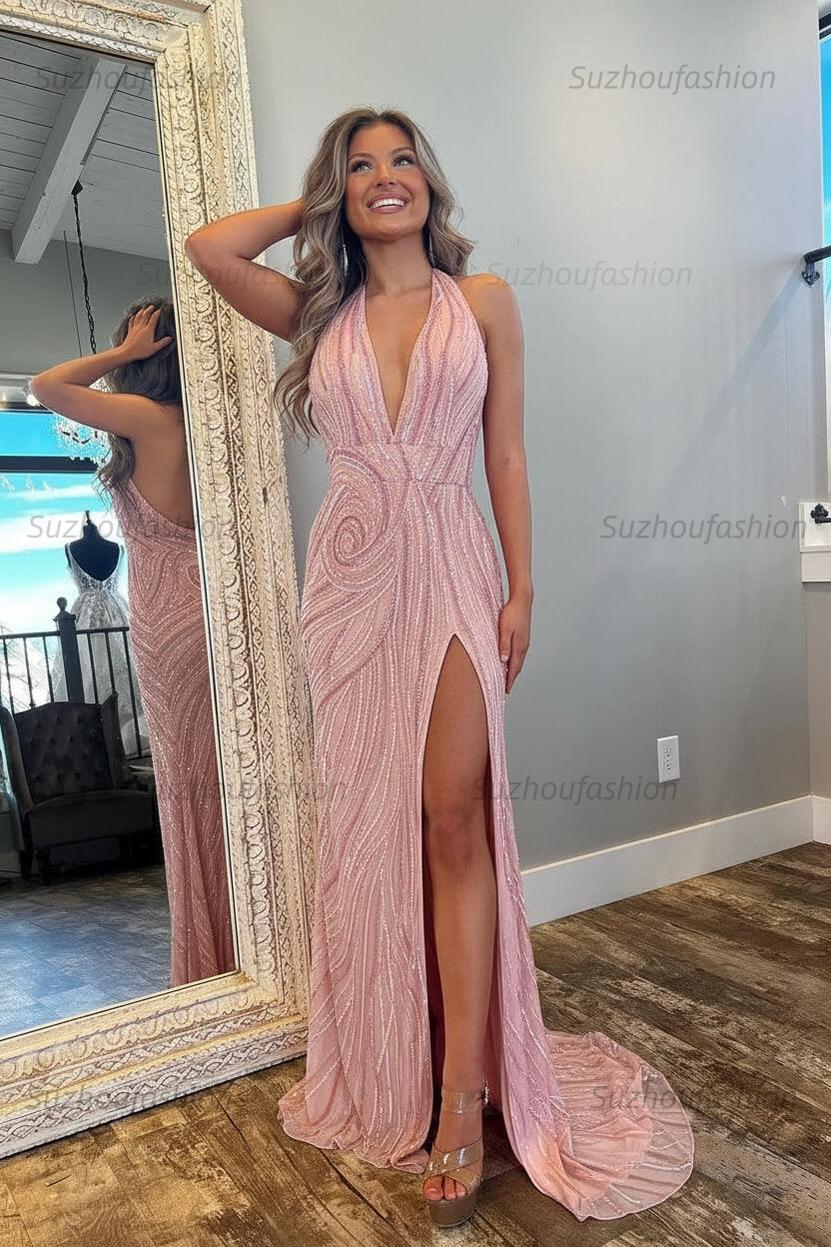 blush pink colored prom dresses Suzhoufashion Women Halter Prom Dress Pink and Orange Mermaid Evening Dress with Slit, Blush Pink