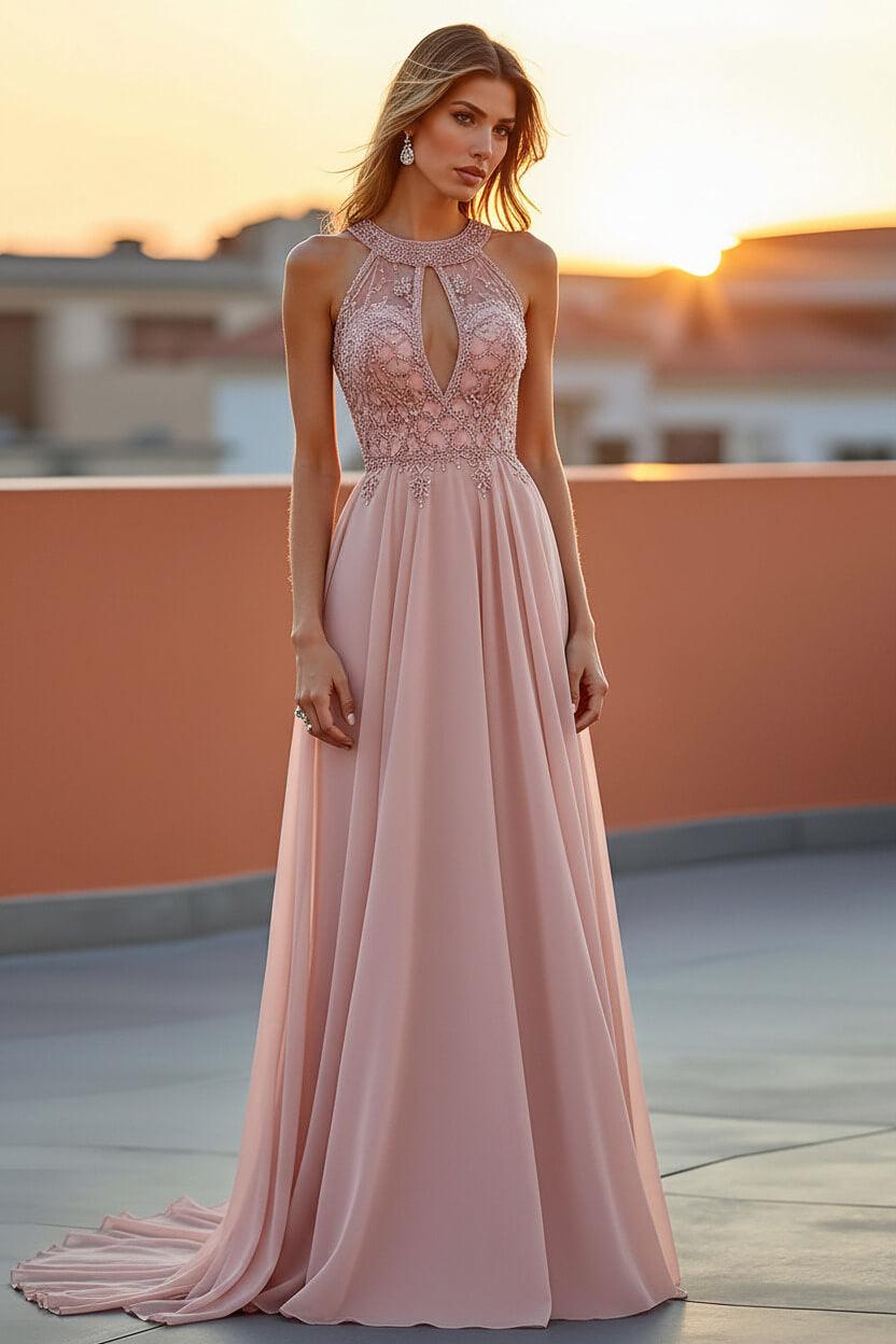 Beaded Navy Wedding Guest Dress Halter Long Formal Dress With Embroideries