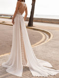 Boho A-Line Chiffon Wedding Dress Beach Tulle Lace Sleeveless Bridal Gowns On Sale