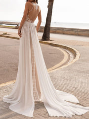 Boho A-Line Chiffon Wedding Dress Beach Tulle Lace Sleeveless Bridal Gowns On Sale