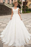 Boho A-Line Tulle Wedding Dress Sleeveless Lace Appliques Bridal Gowns with Sweep Train