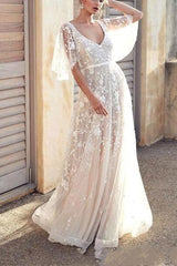 Boho A-Line V-Neck Tulle Beach Wedding Dress Lace Appliques Bridal Gowns with Short Sleeves