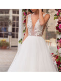Boho A-Line Wedding Dresses V-Neck Lace Tulle Regular Straps Beach Bridal Gowns See-Through Illusion Detail Sweep Train