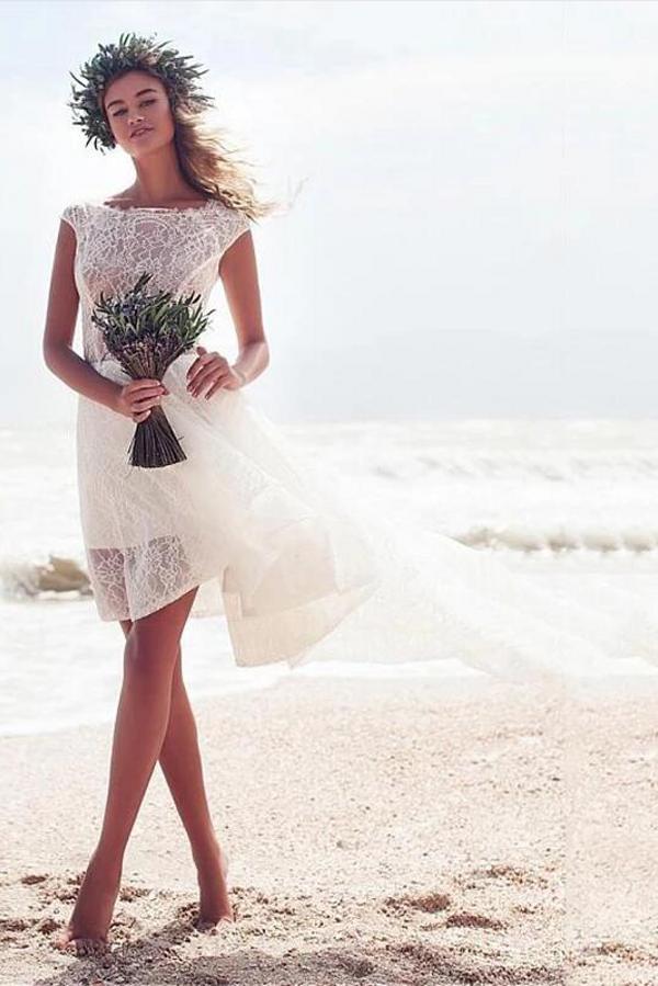 Boho Bateau Ankle Length Hi-Lo Beach Beach Wedding Dress