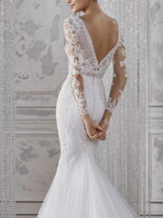 Boho Mermaid Beach Wedding Dresses V-Neck Lace Tulle Long Sleeve Bridal Gowns Illusion Sleeve Bridal Gowns Court Train