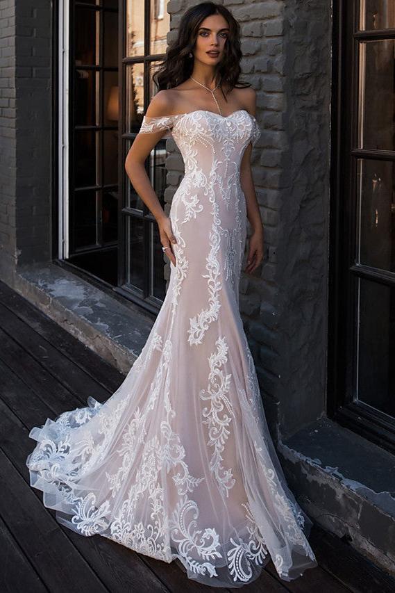 Boho Mermaid Wedding Dress Sweetheart Lace Regular Straps Bridal Gowns Illusion Detail with Court Train