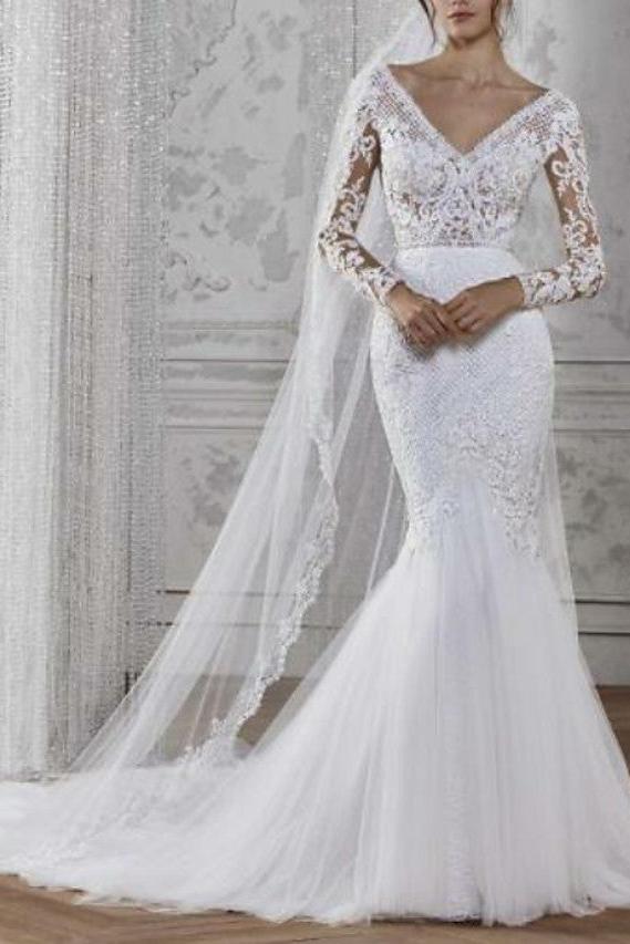 Boho Mermaid Wedding Dresses V-Neck Lace Tulle Long Sleeve Bridal Gowns Illusion Sleeve Bridal Gowns Court Train