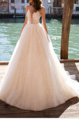 Boho See-Through A-Line Wedding Dress V-Neck Tulle Charmeuse Spaghetti Strap Bridal Gowns Court Train