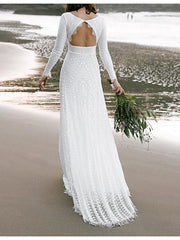 Boho Sexy Backless A-Line Beach Wedding Dress V-neck Lace Long Sleeve Bridal Gowns with Sweep Train