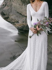 Boho Sexy Backless A-Line Wedding Dress V-neck Lace Long Sleeve Bridal Gowns with Sweep Train