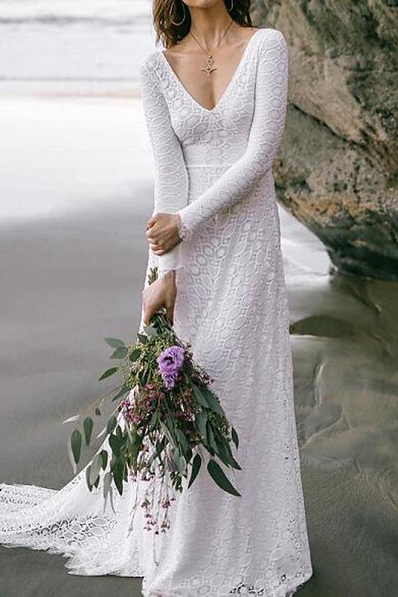 Boho Sexy Backless A-Line Wedding Dress V-neck Lace Long Sleeve Bridal Gowns with Sweep Train