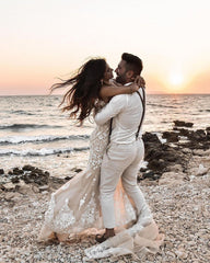 Boho Sleeveless Floral Mermaid Beach Wedding Dress Backless Bridal Gown