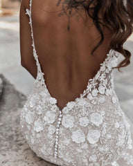 Boho Sleeveless Floral Mermaid Beach Wedding Dress Backless Bridal Gown