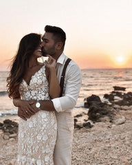 Boho Sleeveless Floral Mermaid Beach Wedding Dress Backless Bridal Gown