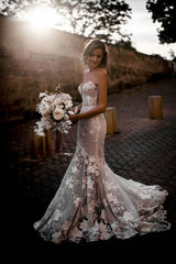 Boho Sweetheart Sleeveless White Appliques Mermaid Bridal Dress