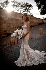 Boho Sweetheart Sleeveless White Appliques Mermaid Bridal Dress