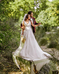 Boho V-Neck Tulle Lace Garden Bridal Dress with Floral Appliques