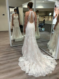 Boho White/Ivory Halter Floral Lace Mermaid Bridal Dress
