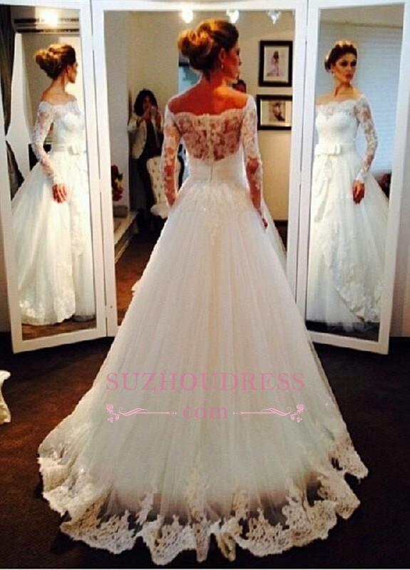 Bow Tulle Lace Off-the-shoulder Bridal Dresses Long Sleeve Elegant Wedding Dress