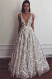 Bows V-Neck A-Line Elegant Sleeveless Lace Wedding Dresses