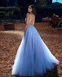 Breath-taking Halter Lake Blue Tulle Sequins A-Line Prom Dresses
