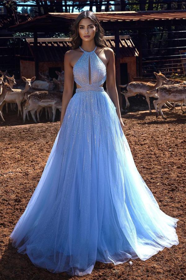 Breath-taking Halter Lake Blue Tulle Sequins A-Line Prom Dresses