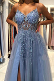 Breath-taking Sleeveless Tulle Ocean Blue Split Appliques Prom Dresses