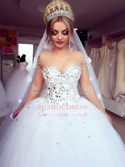 Brilliant Ball-Gown Wedding Dresses | Crystals Jewel Long-Sleeves Bridal Gowns