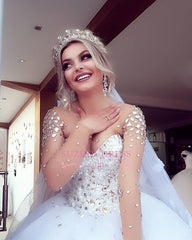 Brilliant Ball-Gown Wedding Dresses | Crystals Jewel Long-Sleeves Bridal Gowns