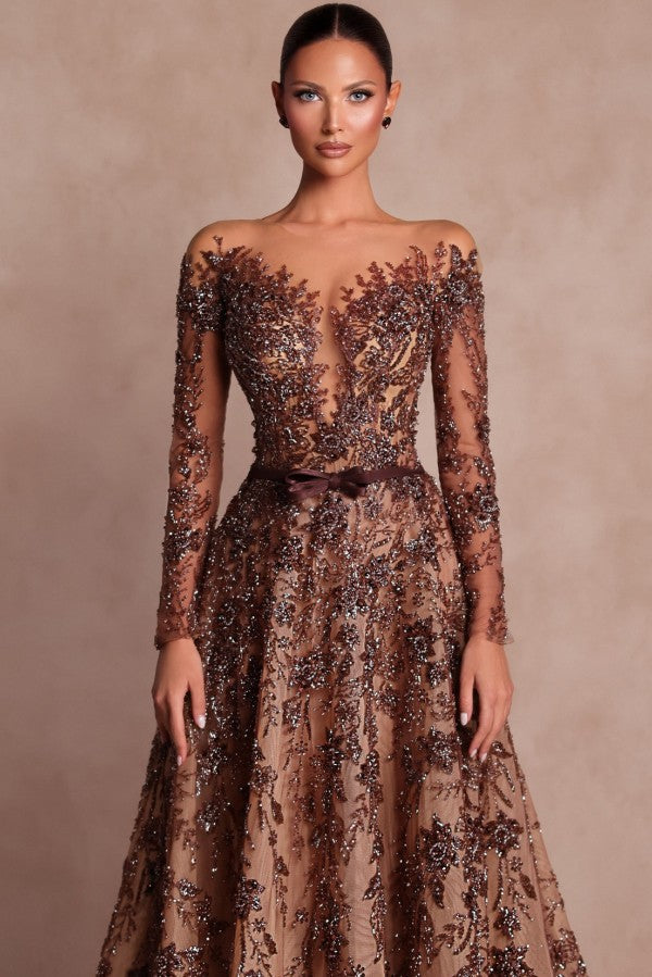Brown A Line Prom Dress with Bateau Neck Long Sleeves and Embroidery