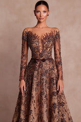 Brown A Line Prom Dress with Bateau Neck Long Sleeves and Embroidery