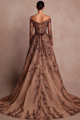 Brown A Line Prom Dress with Bateau Neck Long Sleeves and Embroidery