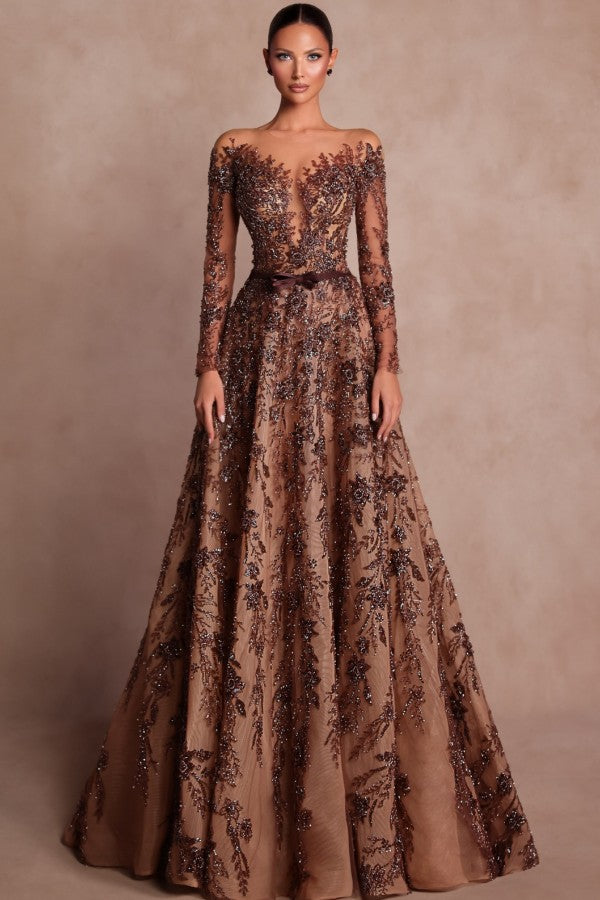 Brown A Line Prom Dress with Bateau Neck Long Sleeves and Embroidery
