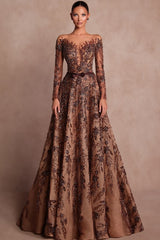 Brown A Line Prom Dress with Bateau Neck Long Sleeves and Embroidery