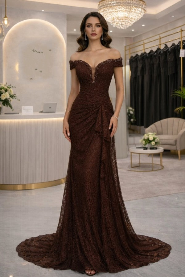 Brown Lace Mermaid Prom Dress with Off Shoulder and Plunging V Neck