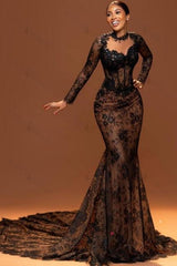 Brown Mermaid Crew Black Prom Dress Lace Beaded Sleeve Court Train Formal Dress