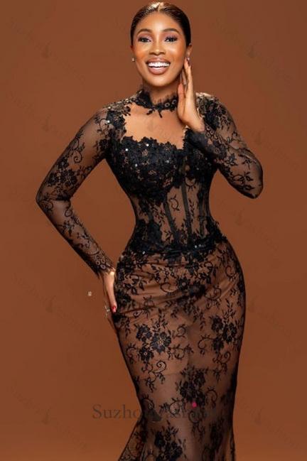 Brown Mermaid Crew Black Prom Dress Lace Beaded Sleeve Court Train Formal Dress